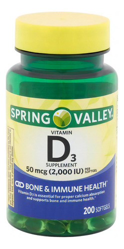 Vitamina D3 50mcg 2000iu Spring Valley -200 Softgels Imp Sabor Sem Sabor