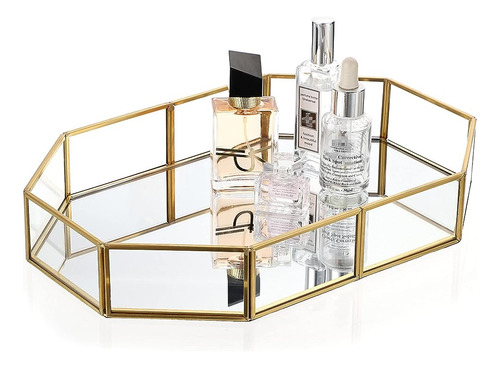 Hipiwe Gold Perfume Tray - Glass Mirror Makeup Tray Ornate V