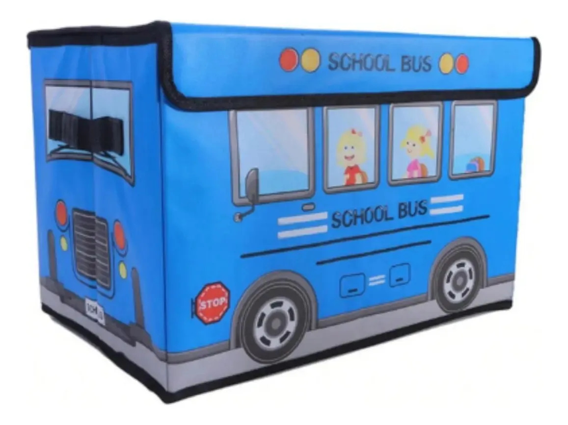 Caixa Organizadora Ônibus Escolar Dobrável para Brinquedos e Roupas, Azul