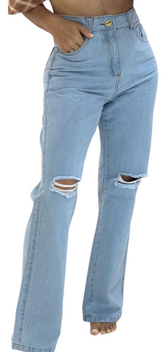 Calça Wide Leg Pantalona Feminina Jeans Claro Rasgada Env24h