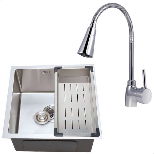 Kit Cuba Cozinha Gourmet 44x44 Inox Com Torneira Monocomando Cor Escovado