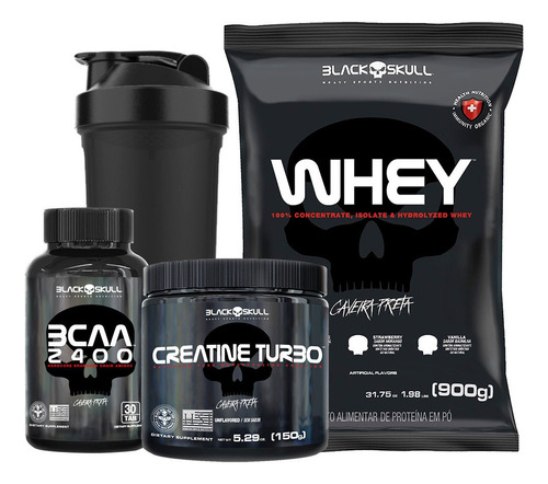 Combo Caveira Preta - Whey + Bcaa + Creatina - Black Skull Sabor Morango