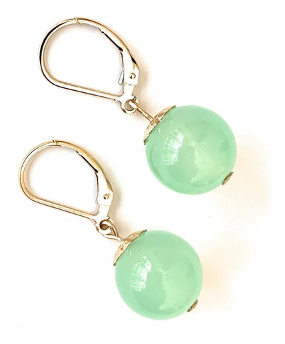 Aretes Colgantes De Jade Verde De 14k Gold Filled Lever...