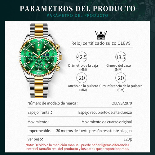 Reloj De Cuarzo Para Hombre Cronógrafo Luminoso Regalos Dorado Dorado Dorado/verde