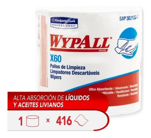 Paño De Limpieza Wypall X60 Jumbo Roll - 416 Paños X 1ud Color Blanco