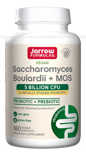 Jarrow Formulas, Saccharomyces Boulardii Plus Mos, Probiótico Más Prebiótico, Soporte Mejorado Para El Tracto Intestinal,5 Billones De Cfu, Contiene 180 Cápsulas Vegetales De Liberación Retardada.
