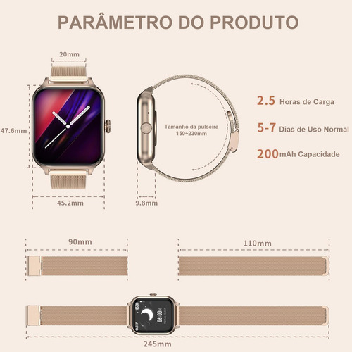 Relógio inteligente Mertto com tela HD de 1,83 polegadas, IP67 à prova d'água, esportivo, dourado, com Bluetooth, chamadas, calculadora, jogo e assistente de voz.