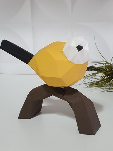 Pássaro Amarelo No Galho Origami Geométrico. Enfeite Resina.