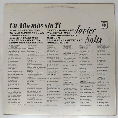 Javier Solis - Un Año Mas Sin Ti Lp