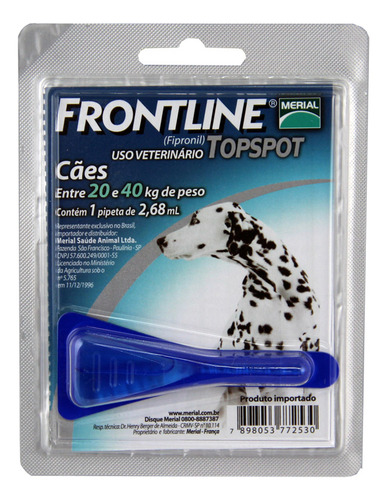 Frontline Top Spot Cães 20 A 40kg Antipulgas Merial