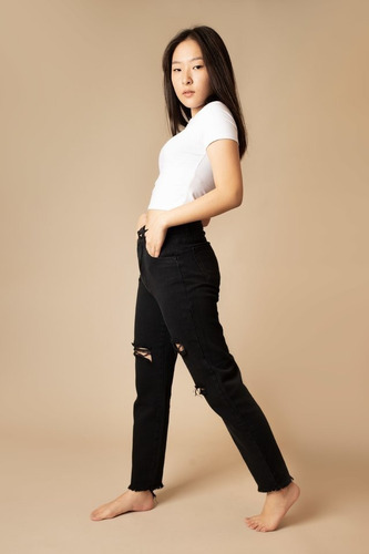 Jean Pantalon Mujer Mom Rigido Tiro Alto Roturas