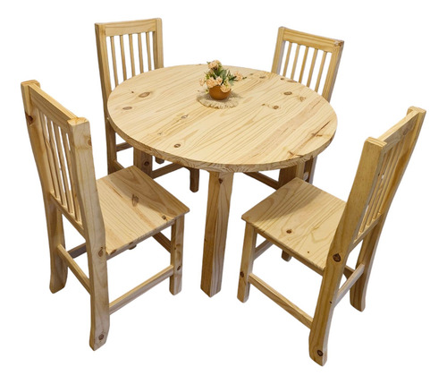 Mesa Comedor Madera Pino Reforzado Redonda + 4 Sillas Hindu Sin Color