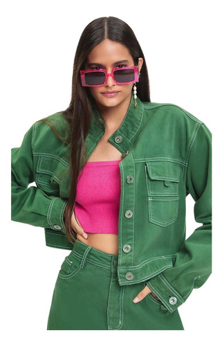 Imagem 1 de 9 de Jaqueta Cropped Em Sarja Com Bolsos E Gola Padre Zinco