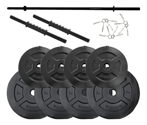 Kit Set De Discos Con  Barra y Mancuernas Total 30 Kg Sonnos