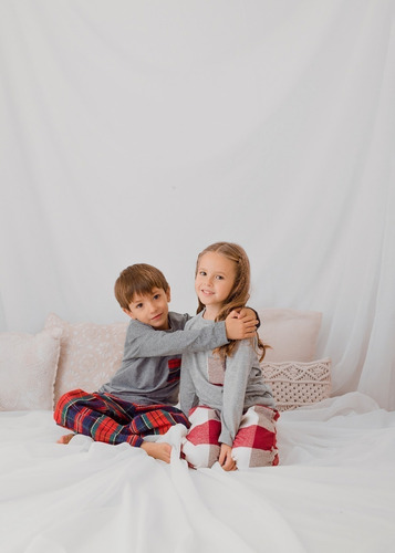 Conjunto Pijama Niños Invierno Abrigado Escocés Talle 2 Al 6