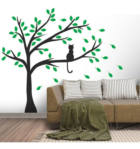 Adesivo Decorativo Parede Árvore Com Gatinho E Folhas Verdes