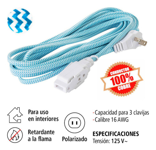 Extensión Eléctrica Trenzada Azul Con Blanco 2 Metros Iusa