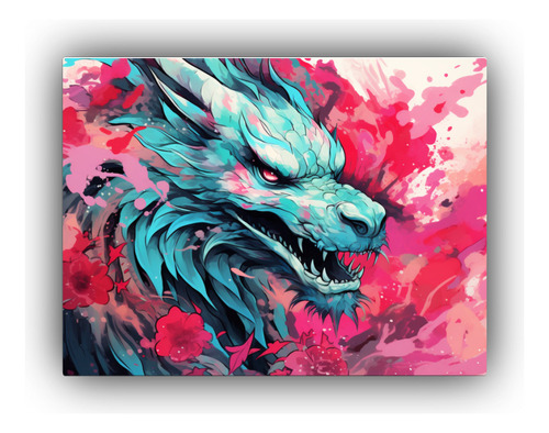 50x40cm Cuadro Neonoir Dragón Y Flores Rosa Turquesa Flores