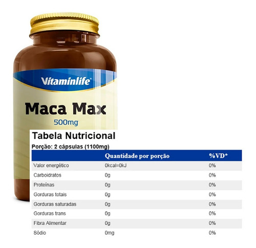 Maca Peruana Pura 180 Caps - 1.000mg Por Dose - Vitamin Life