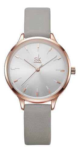 Reloj Mujer Shengke C1 Cuarzo 30mm Pulso Gris En Cuero