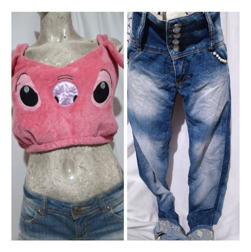 Duo Crop Top Peluche Stich Rosa + Jeans Perlas Detalles