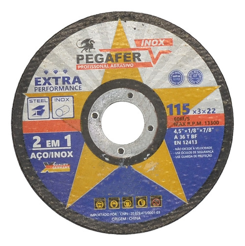 Disco De Corte 115x3x22,3mm Aço/ Inox/ Metal Ref Pt11530 Peg