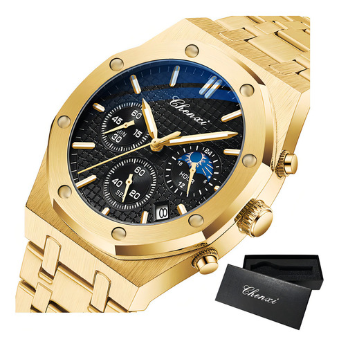 Reloj De Cuarzo Chenxi Moon Phase Chronograph Color Del Fondo Dorado/negro