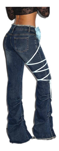 Pantalon Jean Mujer Y2k Flor Tiro Bajo Rigido