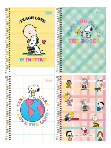 Kit 4 Cadernos Escolar Snoopy Capa Dura 1 Matéria 80 Folhas
