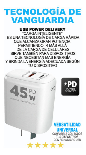 Cargador Carga Rápida Celular 45w Usb Usb C Cabezal Blanco