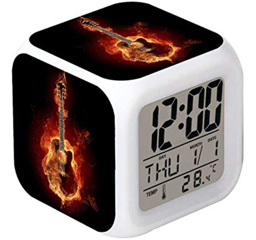 Reloj Despertador Led Cointone, Guitarra, Fuego, Música Rock