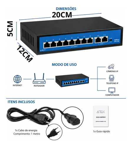 Switch Ethernet Poe 8 Portas Rede Cameras Ip Gigabit | MercadoLivre