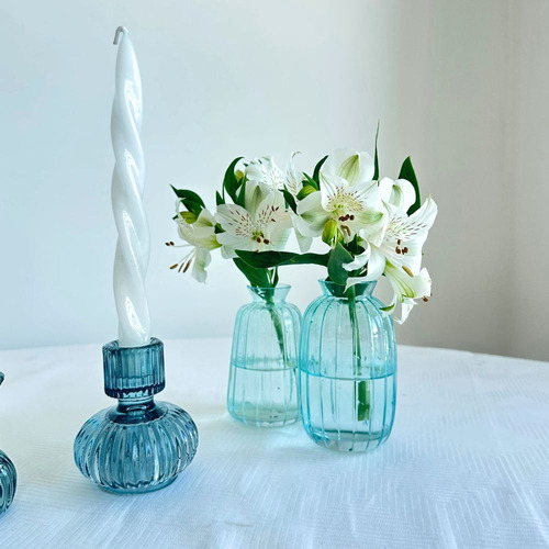Castiçal Luzza Porta Velas Vidro Azul Duplo Mini Vaso