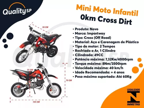 Mini Moto Infantil Gasolina 2 Tempos 49CC Cross Trilha Off Road Importway  DTCR-008 Dirt Preta - BEST SALE SHOP