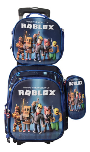 Mochila Primaria Roblox Con Llantas. Combo 3 Piezas Con Lonc Azul Oscuro Liso