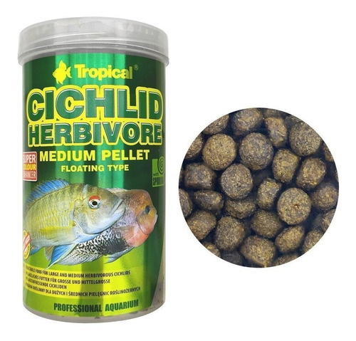 Ração P/ Peixe Cichlid Herbivore Medium Pellet 180g Tropical