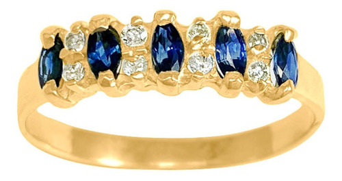 Anel Ouro 18k Safira Azul E Diamante
