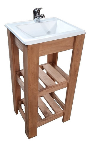 Mueble para baño DF Hogar Campo pie + bacha de 50cm de ancho, 80cm de alto y 37cm de profundidad, con bacha color blanco y mueble nogal claro con un agujero para grifería