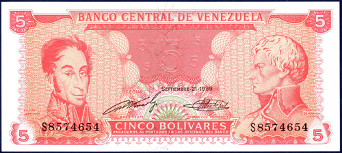 Billete 5 Bolívares S7 Septiembre 21 1989 Bolívar Y Miranda