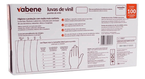 Luva Vinil Vabene Sem Pó Descartável Sem Látex 100un