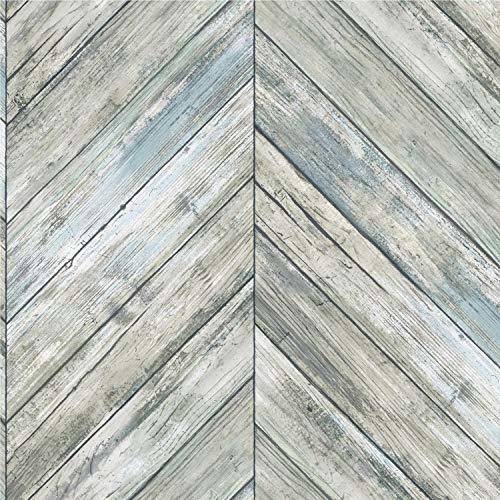 Rmk11454wp Herringbone Blue And Tan Wood Boards Peel An...