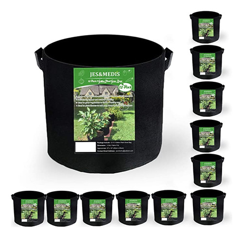12-pack 3 Gallon Plant Grow Bags Thick Aeration Non Woven F.