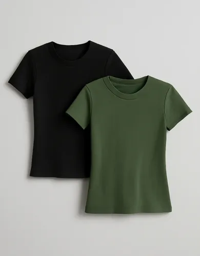 Kit 2 Camisetas Feminina Manga Curta Básicas Gola Redonda Verde Militar E Preto G 42 Lisa - Canelado