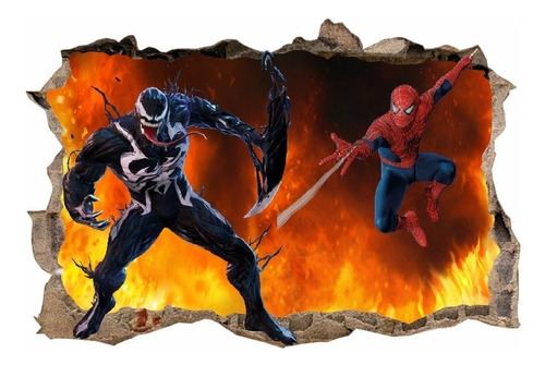 Vinilos Efecto 3d Pared Rota Hombre Araña Vs. Venom 1.50mx1m