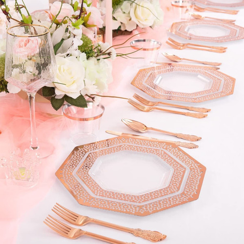 Dayammi 30guest Rose Gold Plastic Plates With Rose Gold Silv