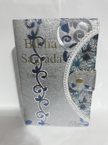 Bíblia Letra Gigante Harpa Feminina Botão Caneta Prata-azul
