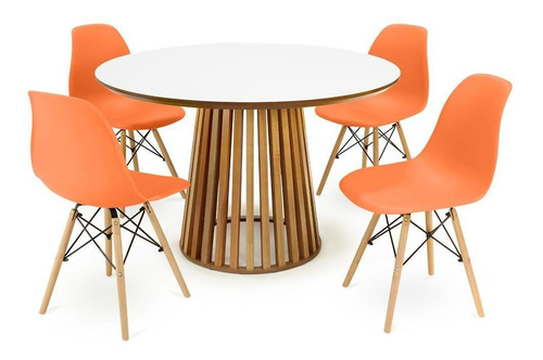 Mesa De Jantar Luana Branca 120cm Com 4 Cadeiras Eiffel Cor Laranja