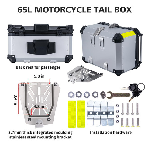 Caja De Cola Motocicleta 65l Con Soporte Y Respaldo Alumin