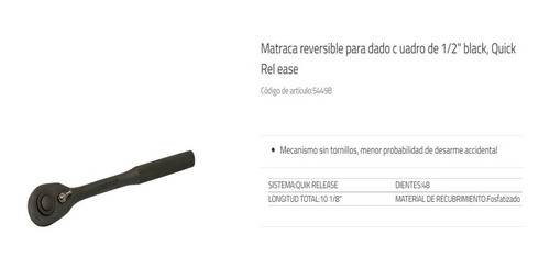 Matraca Reversible Para Dado Cuadro De 1/2  Black, Urrea