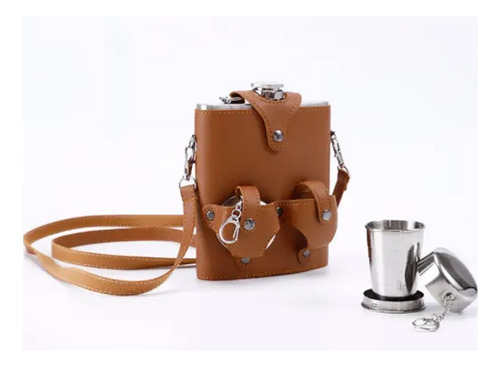Licorera Acero Inoxidable 18 Oz Forro Cuero Marrón 2 Vasos